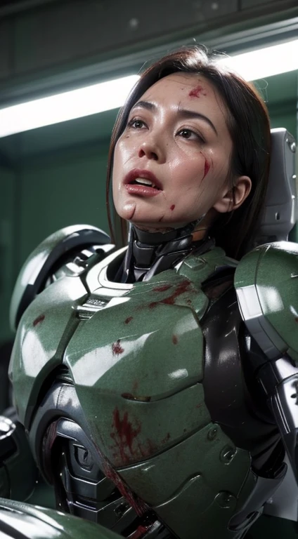 ((lying on your back and lying down))((Fulll body Shot))Middle-aged woman　Sweaty face、green weight robot suit、dirty dark green armor, Black hair、Heavy Cyborg、Sweaty face、、Open the legs、((heavily damaged armor))、(Armor that received a terrible attack)Opening Mouth、、((Drooling from the mouth..)) sexy eye　Cracks in the ground、Blood from the mouth、whole body is damaged、groggy expression、blood from the body　Wrinkles between the eyebrows　(Carried on a stretcher)  Bleeding from a wounded body　Smoke rises from all over the body