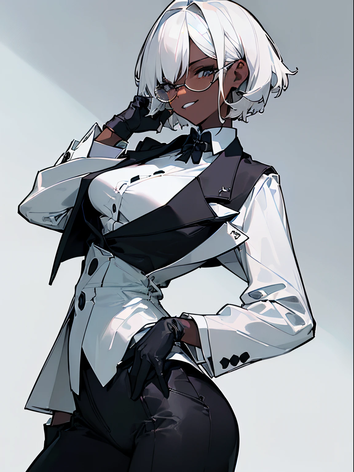(top-quality、​masterpiece:1.2) 1womanl、Adults、((dark skinned female、long white short hair、Hair hanging over the ears)) ((White office background)) eye glasses、((Black business suit、Black tailored jacket、white  shirt、Black pantsuit、Black leather gloves)) (One hand is on his hip) (Vicious look、Vulgar smile)