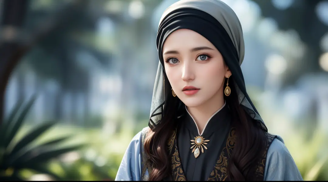 best quality, masterpiece, highres, moslem female dress, necklace, Beautiful face, (upon body from head to waist:1.37), tyndall ...