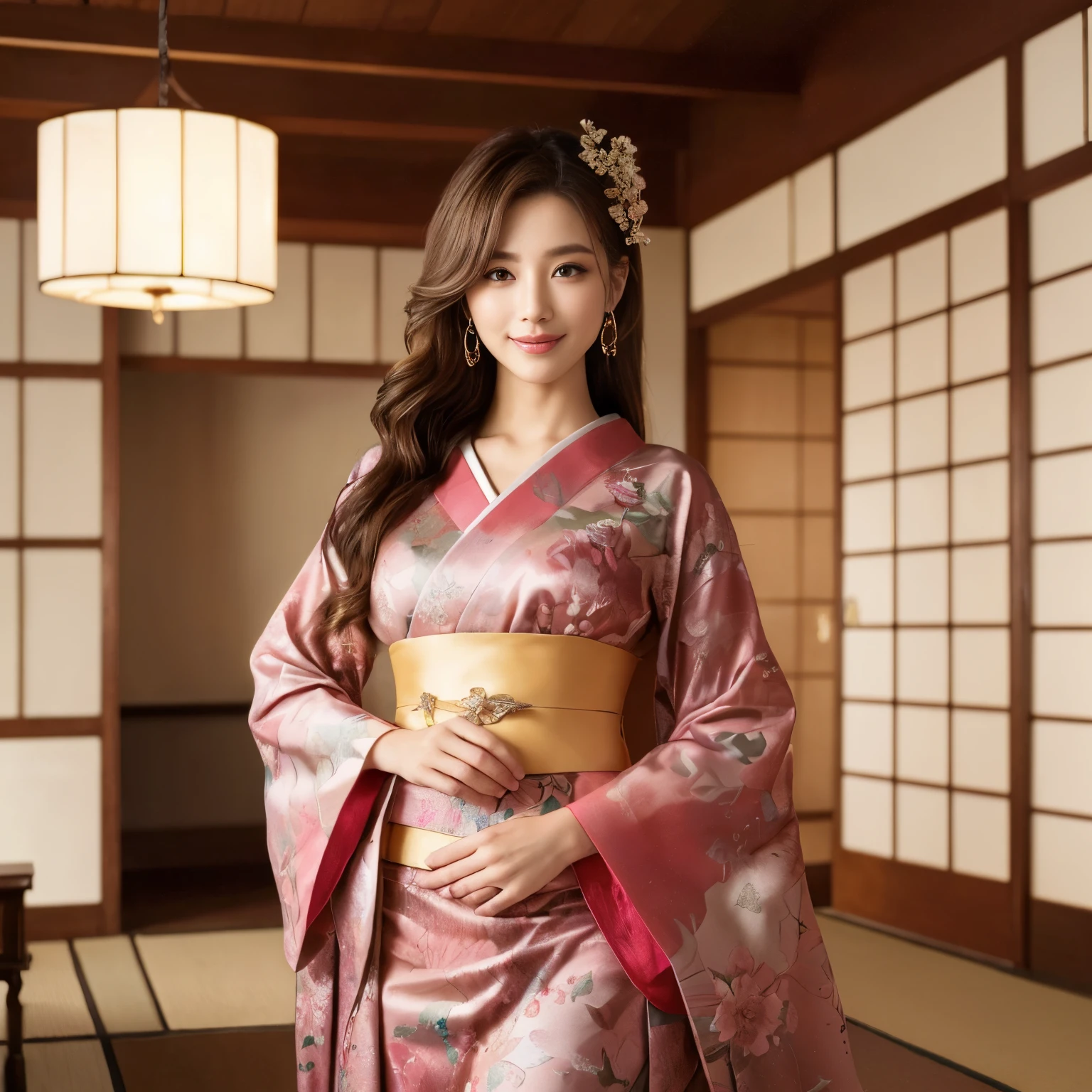 ((top-quality、masutepiece、8K、Top image quality、super-fine))、1 beauty、Photo from the waist of a woman、very luxurious kimono、very elegant kimono、Tastefully put together hair、Perfect makeup、Gorgeous hairpin on your head、The background is a luxurious Japanese-style room、elegant warm lighting、((A very elaborately decorated transom、artistic sculpture、Shoin shoji with detailed decorations、gorgeous lighting built into the ceiling、Luxurious vases and flowers、You can see the beautiful Japanese garden from the large windows...、Beautiful garden with gravel、1 high-quality hanging scroll that can be hung on the wall、A very luxurious Japanese room、The most luxurious and elegant Japanese room、The most luxurious Japanese room in the world))、She's looking at me、Smile at me、perfect anatomia、A detailed face、Perfect fingers