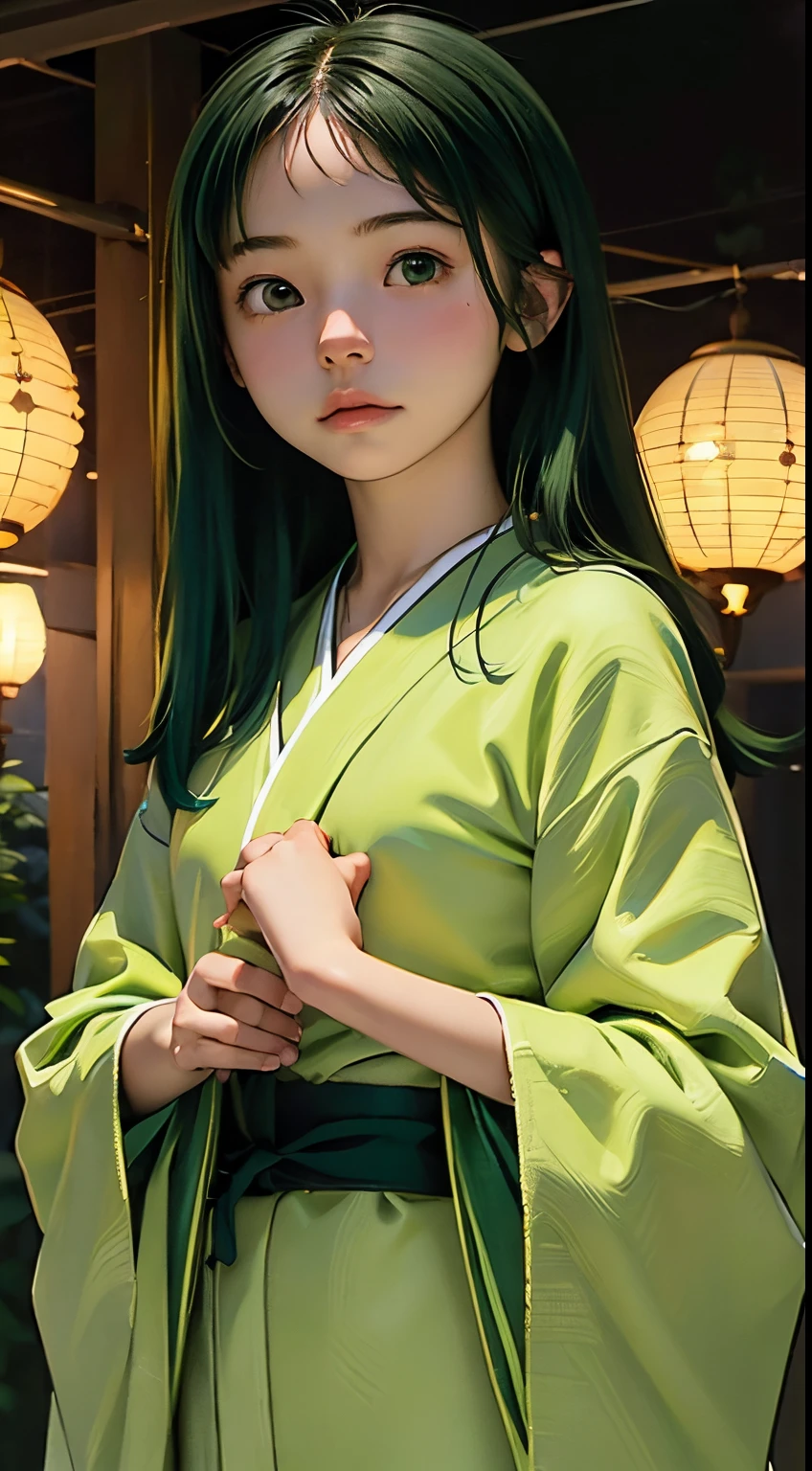 (((Green world:1.3)))、Best Quality, masutepiece, High resolution, (((1girl in))), sixteen years old,(((Eyes are green:1.3)))、Yamato Nadeshiko wears kimono beautifully、((12 Simple、traditional junihitoe)), Tindall Effect, Realistic, Shadow Studio,Ultramarine Lighting, dual-tone lighting, (High Detail Skins: 1.2)、Pale colored lighting、Dark lighting、 Digital SLR, Photo, High resolution, 4K, 8K, Background blur,Fade out beautifully、Green world