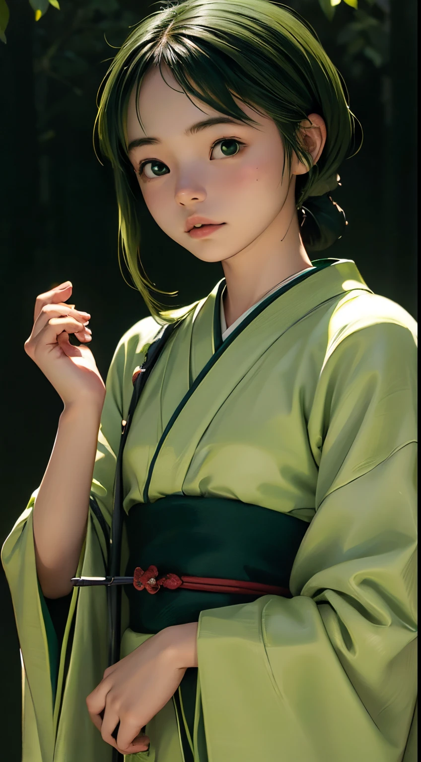 (((Grüne Welt:1.3)))、beste Qualität, Tischplatte, hohe Auflösung, (((1Mädchen in))), 16 Jahre alt,(((Augen sind grün:1.3)))、Yamato Nadeshiko trägt einen wunderschönen Kimono、((12 Einfach、traditionelles Junihitoe)), Tindall-Effekt, Realistisch, Schattenstudio,Ultramarinblaue Beleuchtung, zweifarbige Beleuchtung, (Hochdetaillierte Skins: 1.2)、Helle Beleuchtung、dunkle Beleuchtung、 Digital SLR, Foto, hohe Auflösung, 4K, 8K, Hintergrundunschärfe,Wunderschön ausblenden、Grüne Welt