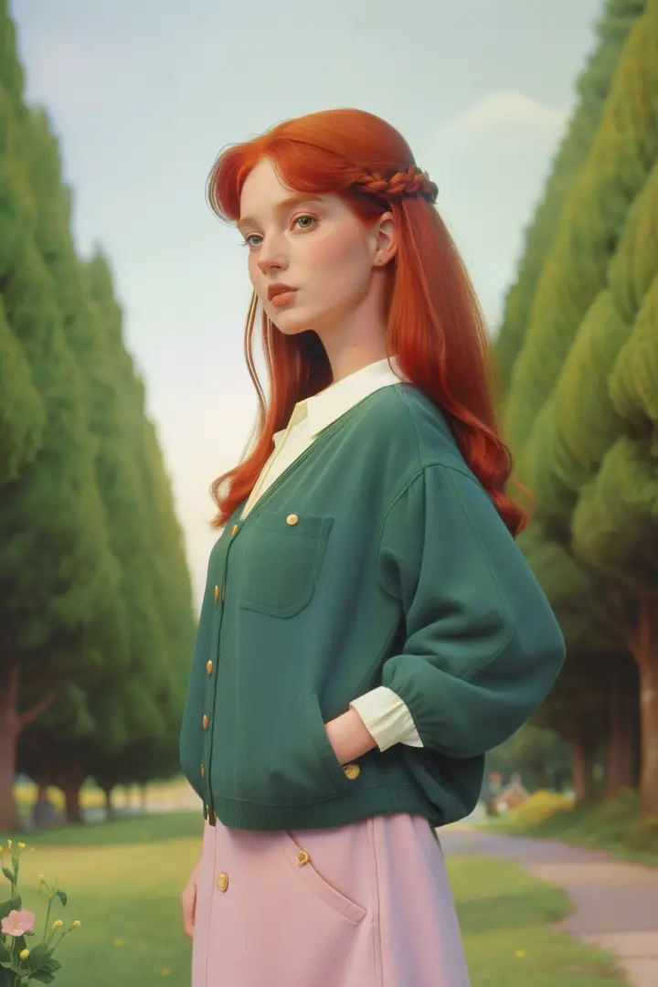 1997, berkshire county, massachusetts. pre-raphaelite 45-year-old woman, redhead, visiting the whimsical village street, ((((cas...