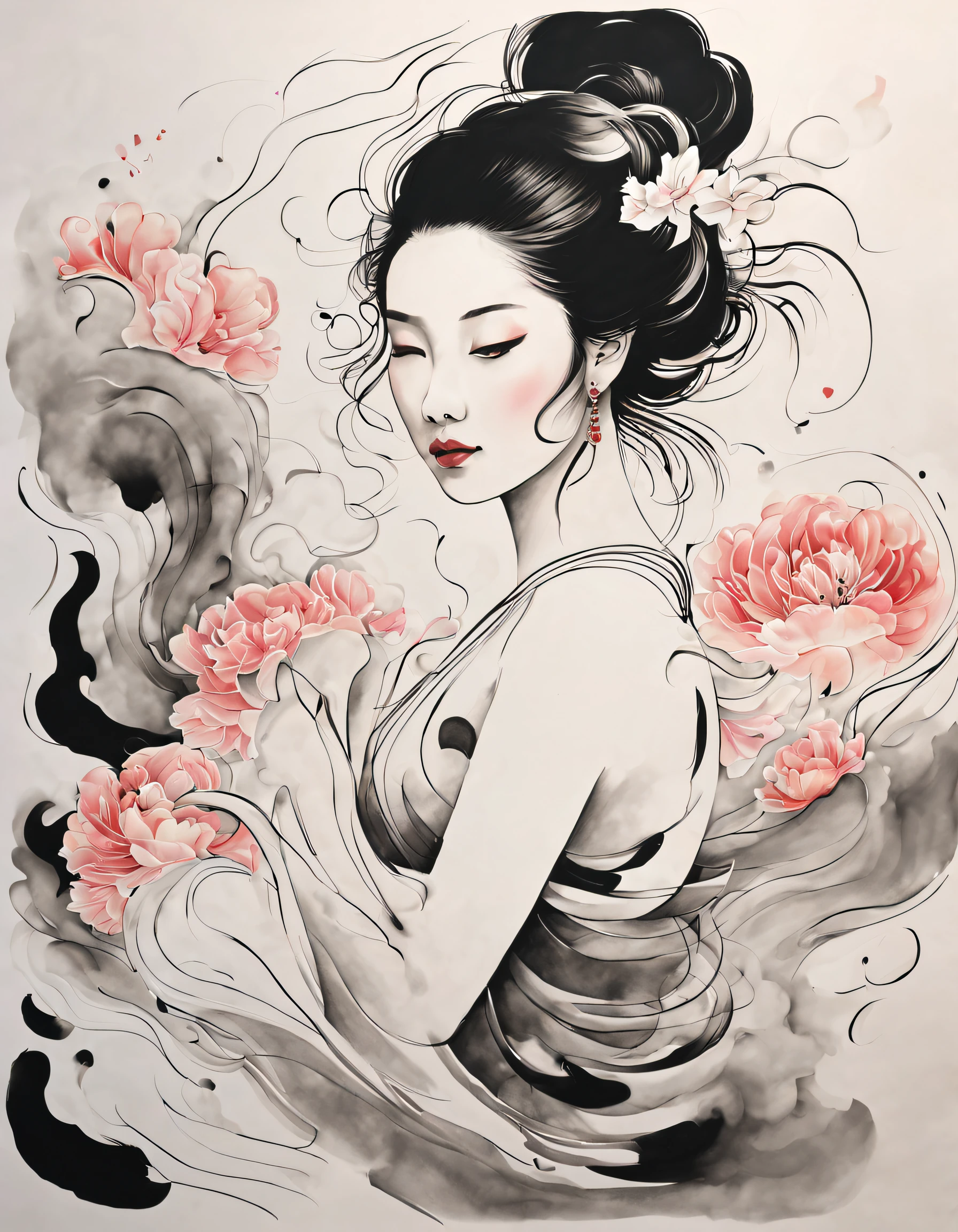 Chinese traditional ink body art style, (Use simple lines to outline a woman’s graceful figure），sweetheart&#39;Come back, undulating lines, Thick and thin lines, (body art）,
line art, Black and white painting,character drawing,line art,lyrical abstraction, Fountain Pen Art,Gel Pen,crayon art,