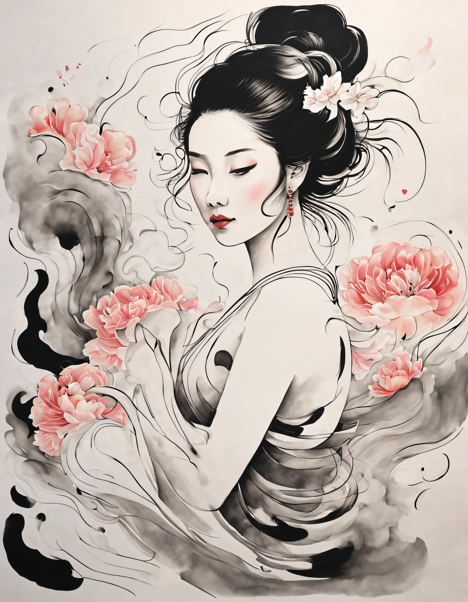 Chinese traditional ink ศิลปะบนเรือนร่าง style, (ใช้เส้นเรียบๆ เพื่อร่างรูปร่างที่สง่างามของผู้หญิง），หวานใจ&#39;ย้อนกลับมา, เส้นลูกคลื่น, เส้นหนาและเส้นบาง, (ศิลปะบนเรือนร่าง）,
ศิลปะการใช้เส้น, ภาพวาดขาวดำ,การวาดตัวละคร,ศิลปะการใช้เส้น,นามธรรมที่เป็นโคลงสั้น ๆ, ปากกาหมึกซึมศิลปะ,ปากกาเจล,ศิลปะดินสอ,