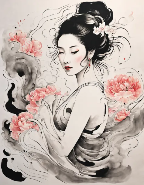 chinese traditional ink body art style, (use simple lines to outline a woman’s graceful figure），sweetheart&#39;come back, undula...