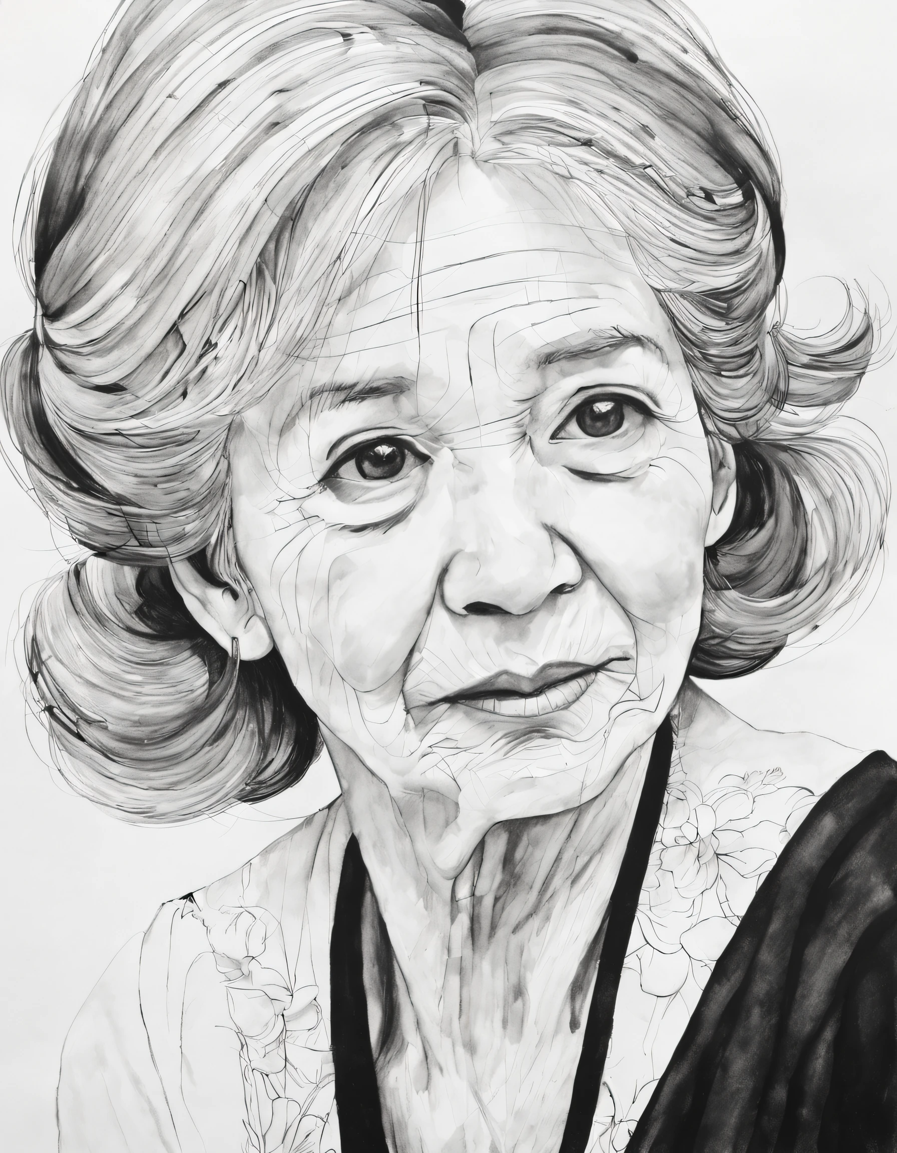 （grandma portrait) ，simple black and white painting， Thick and thin lines, beautiful line art, Black and white painting,,lyrical abstraction, Fountain Pen Art,Gel Pen,crayon art，handpainted， black and white manga style,  comic artstyle, pencil and ink manga, Black and white coloring its beautiful ink line art，