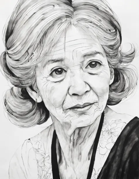 （grandma portrait) ，simple black and white painting， thick and thin lines, beautiful line art, black and white painting,,lyrical...