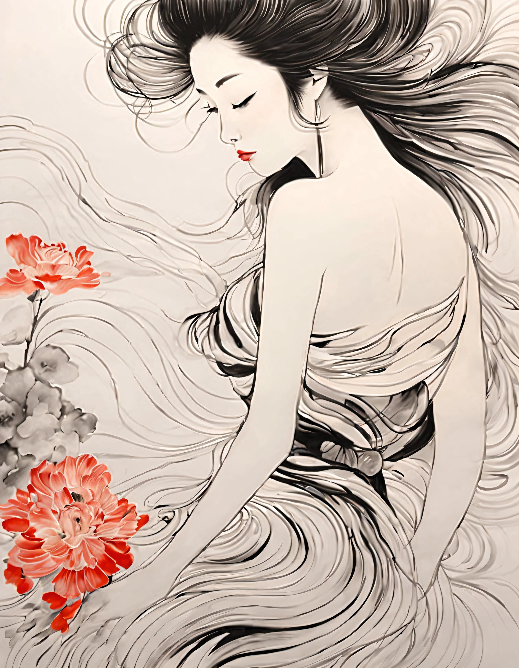 Chinese traditional ink body art style, (Use simple lines to outline a woman’s graceful figure），on  back, undulating lines, Thick and thin lines, (body art）,
line art, Black and white painting,character drawing,line art,lyrical abstraction, Fountain Pen Art,Gel Pen,crayon art,