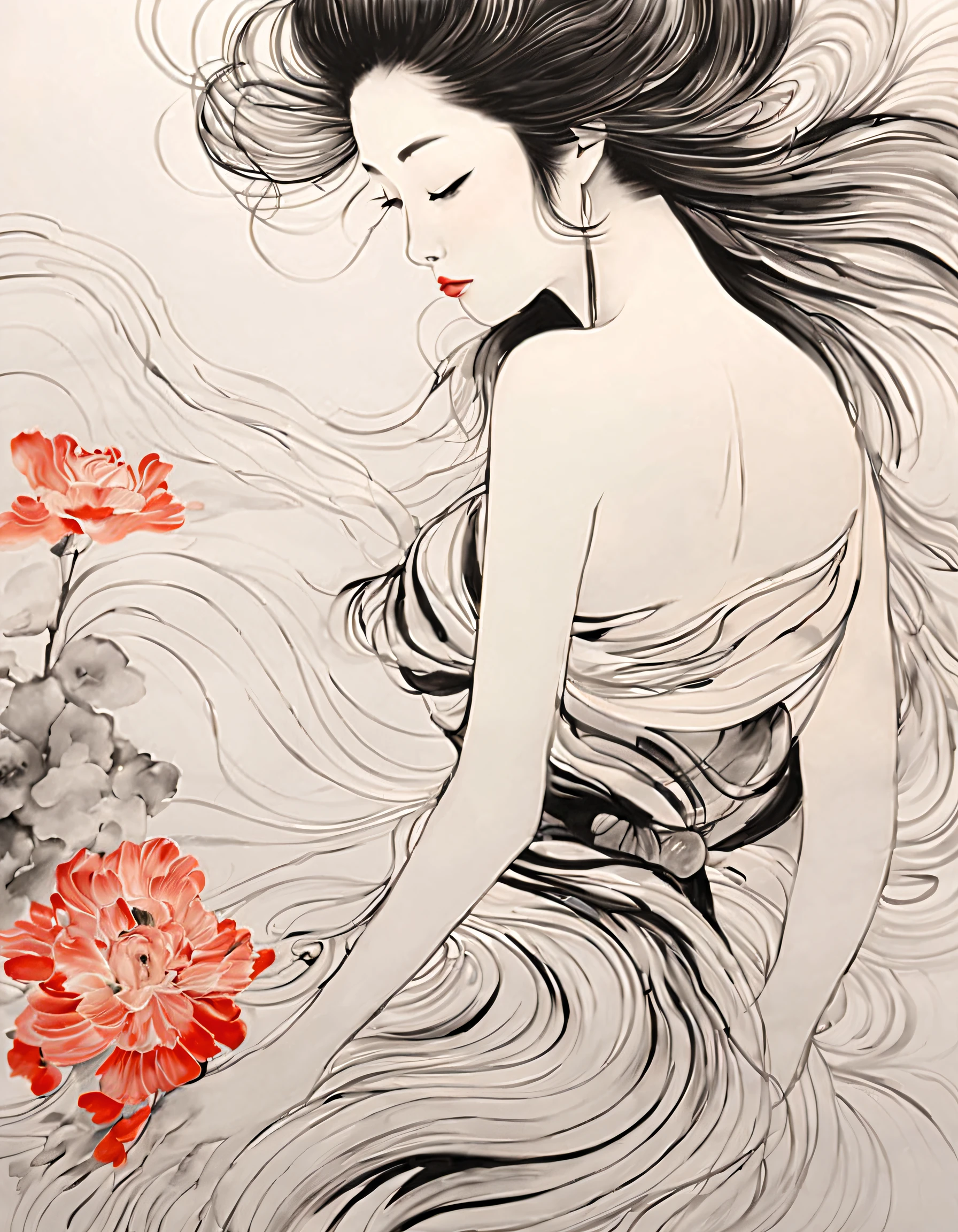 Chinese traditional ink arte Corporal style, (Utilice líneas simples para delinear la elegante figura de una mujer.），en la espalda, líneas onduladas, Líneas gruesas y finas, (arte Corporal）,
arte lineal, pintura en blanco y negro,dibujo de personaje,arte lineal,abstracción lírica, Arte de pluma estilográfica,Pluma de gel,Arte del lápiz,