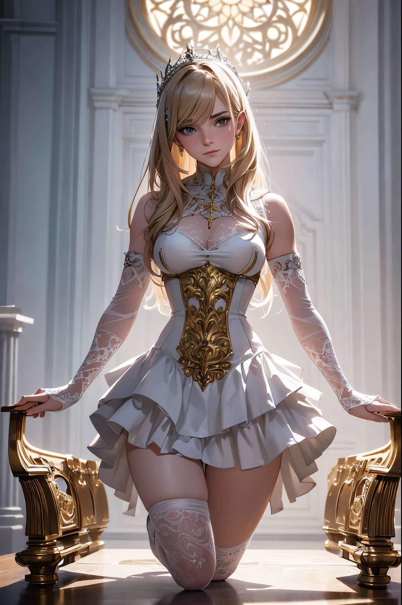 Beautiful Alluring Ornate female holy paladin emma watson, Athletic Well Toned Body, Elegant Form, Inside A holy Throne Room, white linen, shiny white metal, gold filigree, metal armor bikini, Beautiful Face, Gothic Theme, baroque theme, Fiverr Dnd Character, Octane Render, Digital Art, Extreme Detail, 4k, Ultra Hd, Polished, Beautiful, Hyperdetailed, Intricate, Elaborate, Meticulous, Photorealistic, Sharp Focus, Wlop, Character Design, Unreal Engine, 3d Rendered, Volumetric Lighting, Reflections, Glossy, Digital Illustration, Sensual Pose, Suggestive Pose, Full Body Shot, anatomically correct, 💖❤💕💋❣