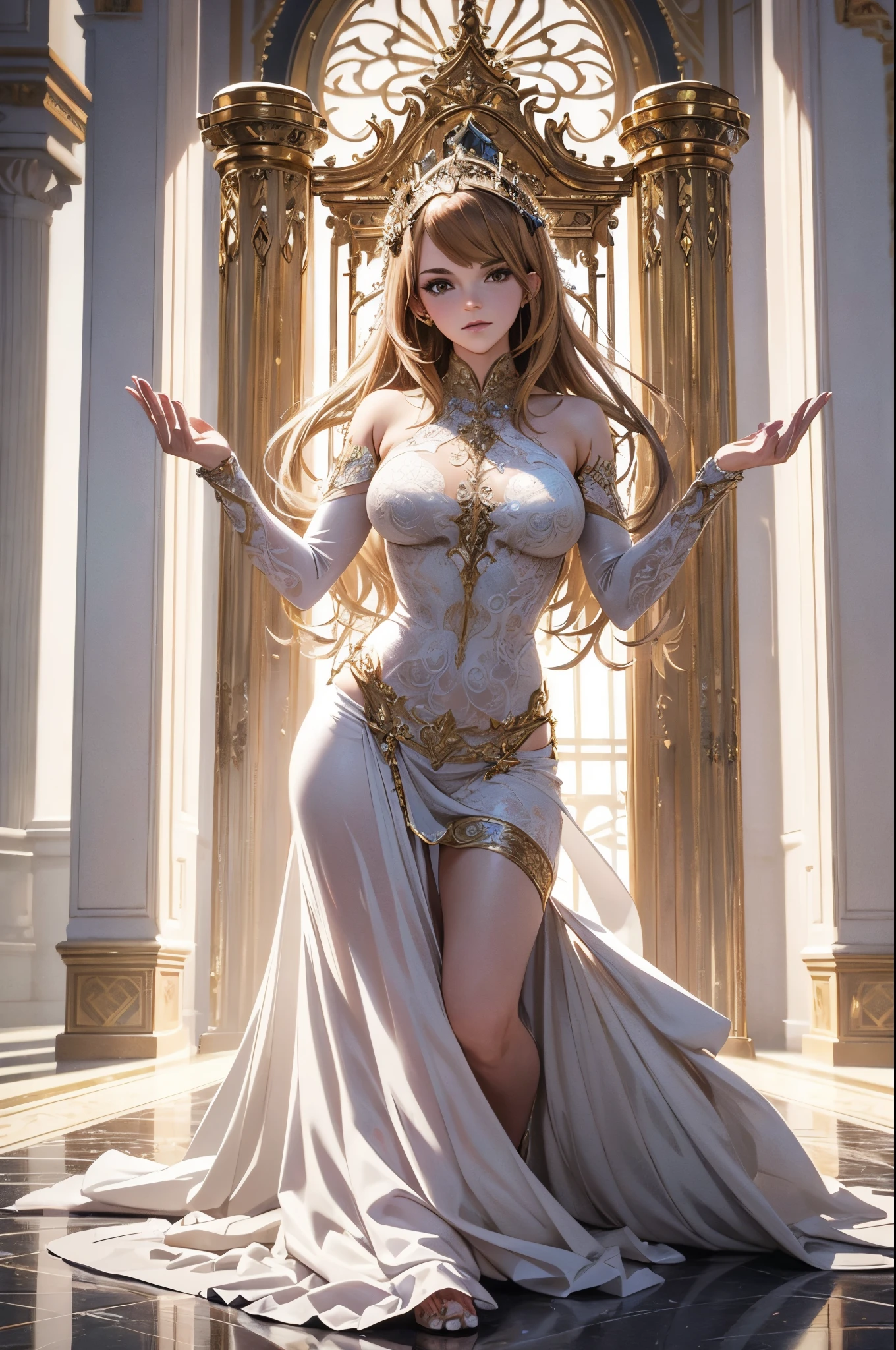 Beautiful Alluring Ornate female holy paladin emma watson, Athletic Well Toned Body, Elegant Form, Inside A holy Throne Room, white linen, shiny white metal, gold filigree, metal armor bikini, Beautiful Face, Gothic Theme, baroque theme, Fiverr Dnd Character, Octane Render, Digital Art, Extreme Detail, 4k, Ultra Hd, Polished, Beautiful, Hyperdetailed, Intricate, Elaborate, Meticulous, Photorealistic, Sharp Focus, Wlop, Character Design, Unreal Engine, 3d Rendered, Volumetric Lighting, Reflections, Glossy, Digital Illustration, Sensual Pose, Suggestive Pose, Full Body Shot, anatomically correct, 💖❤💕💋❣
