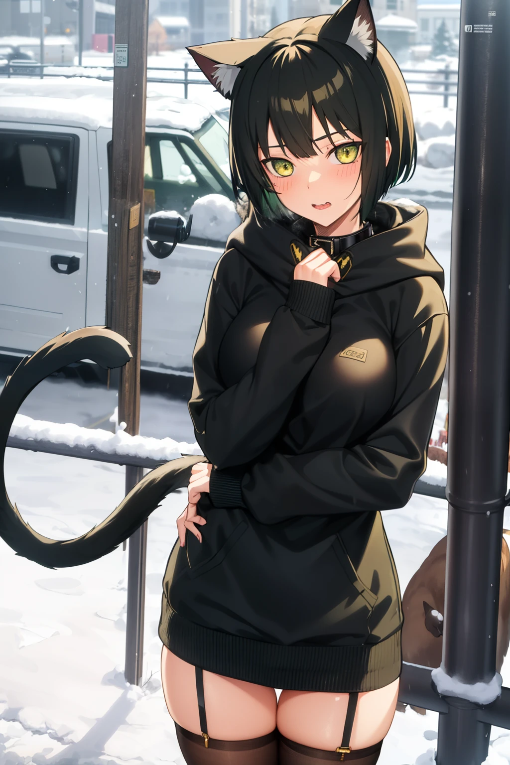 Anime girl with black hair and green eyes posing in the snow - SeaArt AI