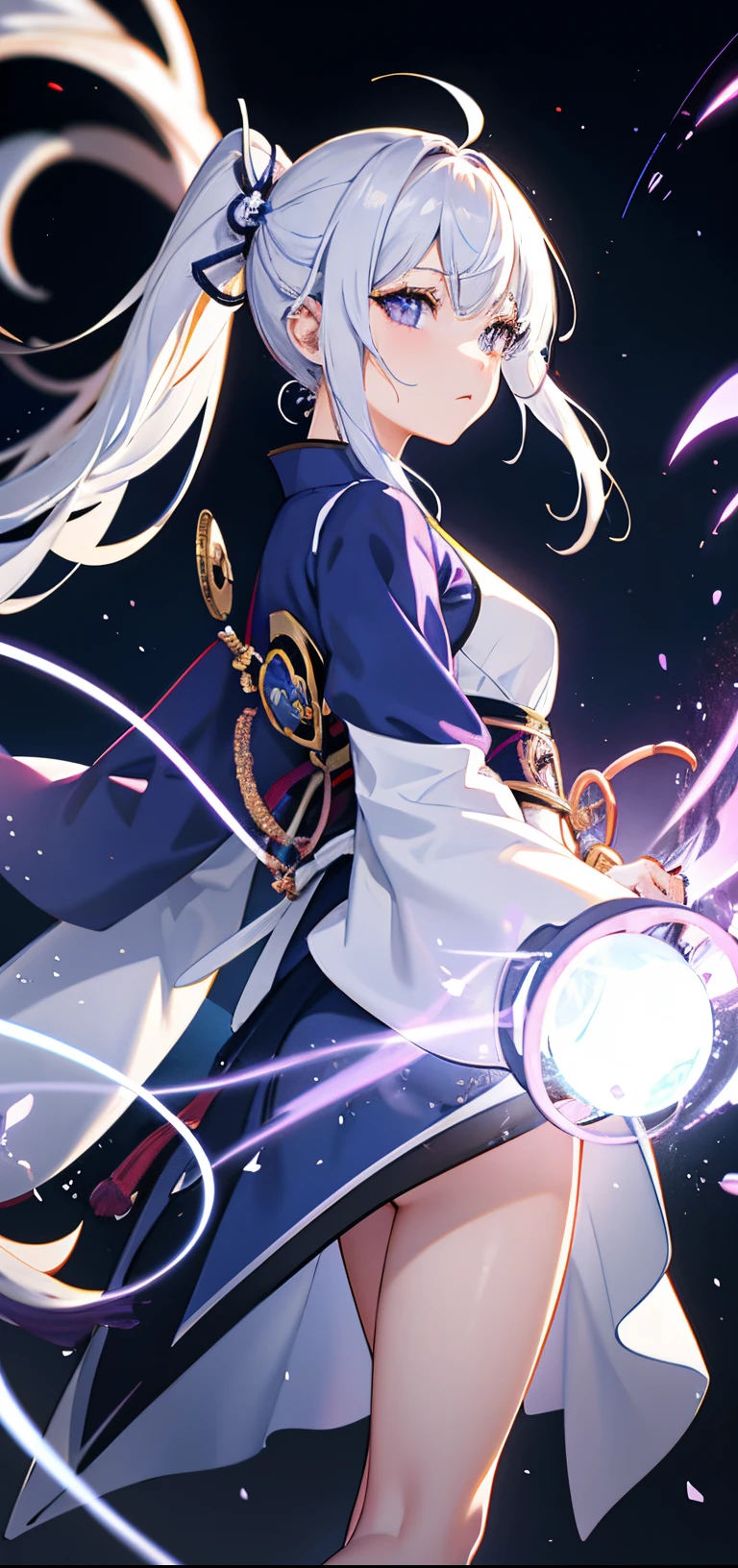 1girl, japanese clothes, pony tail ,white colored hair, violet eyes, magical circle, blue fire, Blue Flame, wallpapers, landscape, 血, blood splash, Depth of field, night time, light particles, light beams, sidelighting, thights, fate \(series\), Genshin Impact, ****, open jacket, upskirt, thights, thights, Cloud