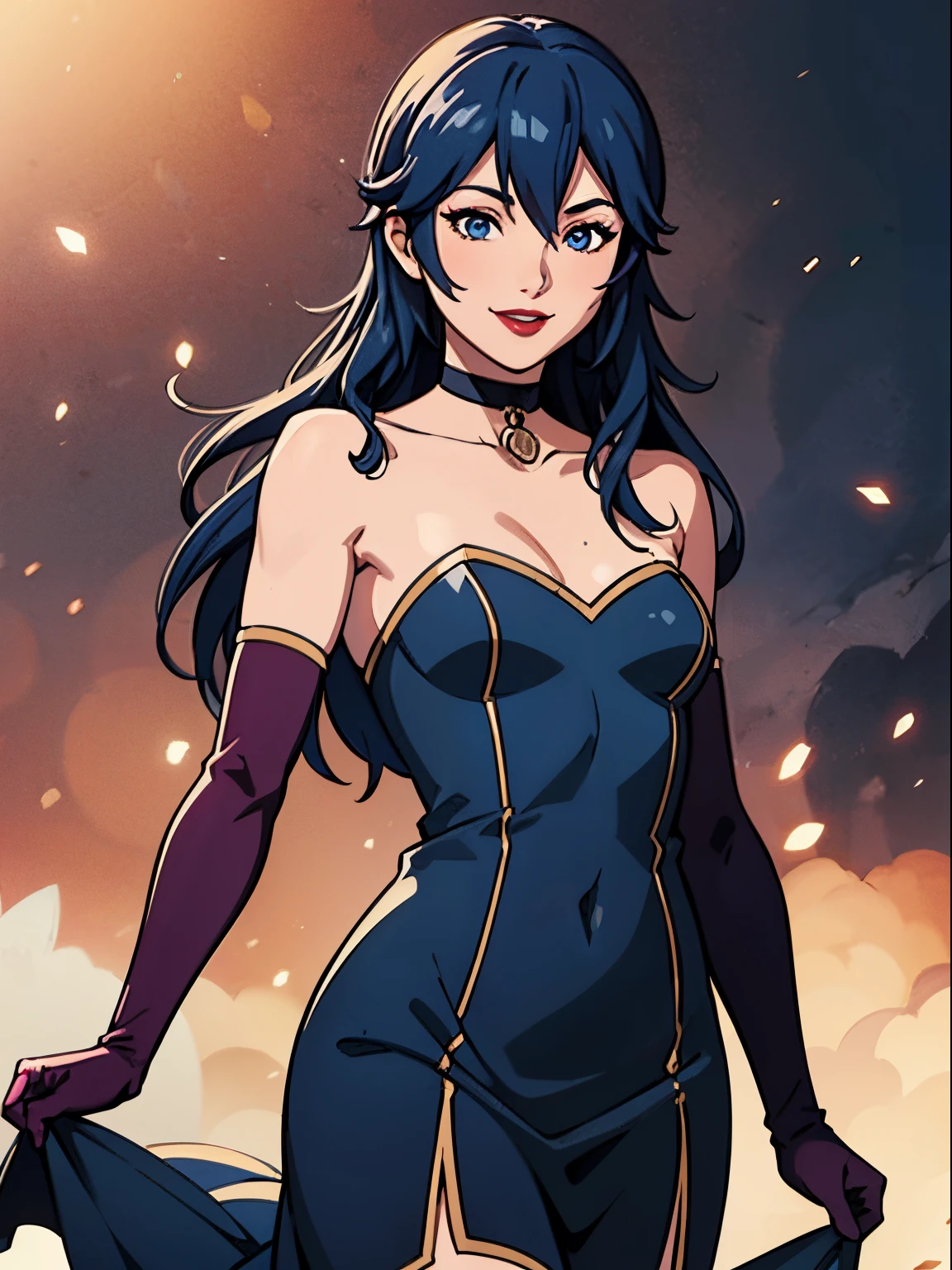 Lucina FE, Cheveux bleus, yeux bleus, Robe bleue, robe bustier, longs gants blancs aux coudes, sourire, rouge à lèvres rouge clair, fard à paupières violet foncé, se maquiller, Tour de cou noir, tir de cow-boy