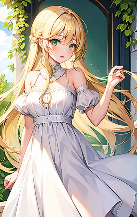 1girl,blonde hair, green eyes, tied hair, long hair, white dress, anisphia,