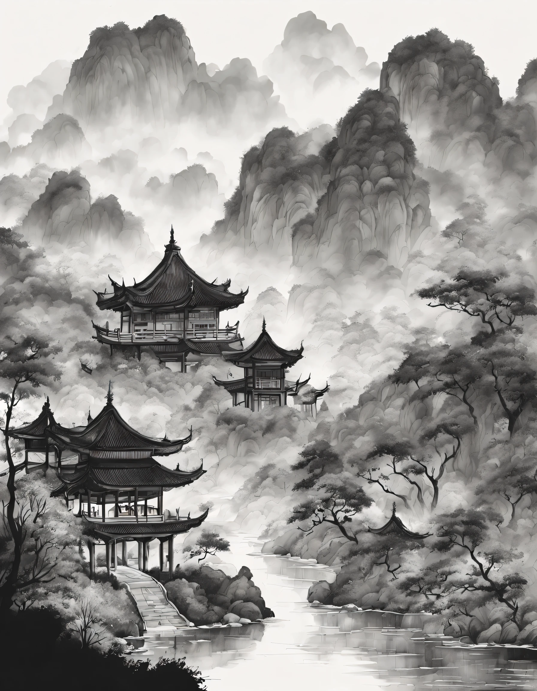 (Landscape painting in Chinese boundary painting art style）, Meticulous，stickfigure，China ink painting，
，line art, Black and white painting, simple black and white painting，Chinese ancient style，beautiful line art, black and white manga style, comic artstyle,  Black and white coloring its beautiful ink line art，