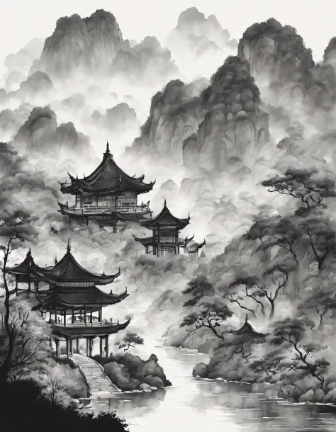 (Landscape painting in Chinese boundary painting art style）, Meticulous，stickfigure，China ink painting，
，line art, Black and whi...