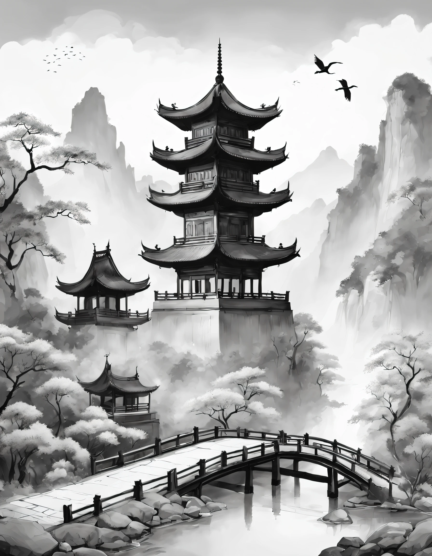 (Landscape painting in Chinese boundary painting art style）, Inspired by world famous paintings《Yellow crane tower》、《Pictures of Tengwang Pavilion》，
border painting art，line art, Black and white painting, simple black and white painting，ancient wind，Chinese dynasty architecture，beautiful line art, black and white manga style, comic artstyle,  Black and white coloring its beautiful ink line art，