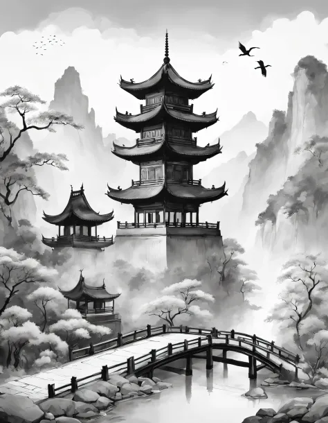 (Landscape painting in Chinese boundary painting art style）, Inspired by world famous paintings《Yellow crane tower》、《Pictures of...
