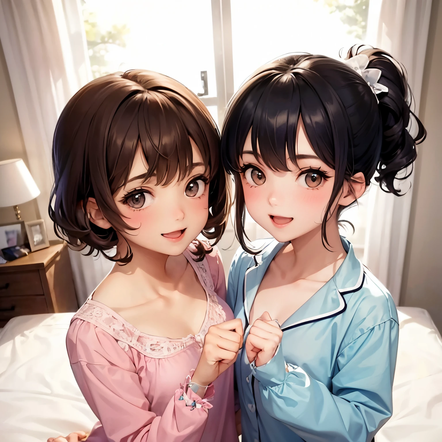 Two cute girls in nightgowns are happily hugging each other on the bed,They are both very cute,Smiling,girly girl with short curly hair、Boyish girl with ponytail,Accurately drawn face,a junior high school student,tre anatomically correct,perfectly proportions,Precise fingers,The pajamas are big so you can see a little of my chest......,Fun atmosphere,very flirty,Casual Bedroom,​masterpiece,Best Quality,