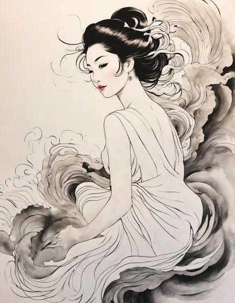 Chinese traditional ink body art style, (Use simple lines to outline a woman’s graceful figure），on  back, undulating lines, Thic...