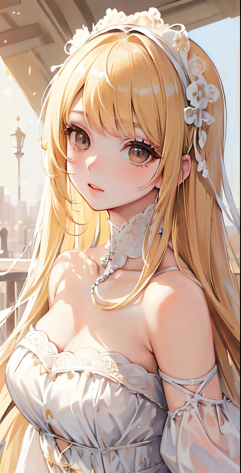 ((masutepiece)), High quality, super detailed, Blonde hair + White clothing: 1.2, sweet and delicate girl, nffsw, Lolita, Delicate facial features, Perfect figure, face with pearl decoration, bubbles surrounding, bright bright colors, romantic long hair, Natural light, warm and sweet, Brown eyes, gorgeous hair decoration.