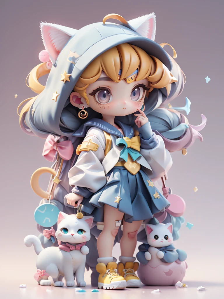 Sailor moon costumei、a sailor suit、Yellow hairs、yellow long twin tail hairstyle、, is standing,The legs are２Boken、Facing the front、Looking at the camera、 Expressionless girl, whitish eyes, fullllbody, Chibi, Full Body Art,1girl in, human - shaped , 3 d, ( highly detailed figure ), [ Trending on CGSociety ]!!, Beautiful Girl, style as nendoroid, figurine, blender, band-aid on face, moon and star ring earrings, shapes、There is a cat