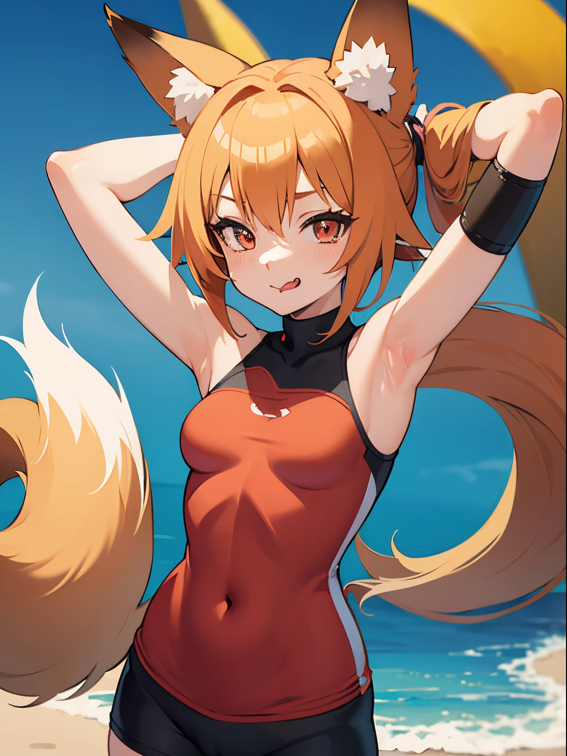 Anime girl with long hair and a red top on a beach - SeaArt AI