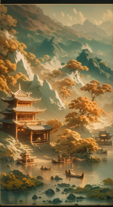 outlet，Gilded mountains，（Paper carving：1.5），tiltshift，（Cloud fog：1.3），viewed from bird's-eye，gentlesoftlighting，Oriental elements，like a dream，white colors，golden colored，Traditional Chinese color scheme，Reasonable design，Clear lines，High- sharpness，Best q...