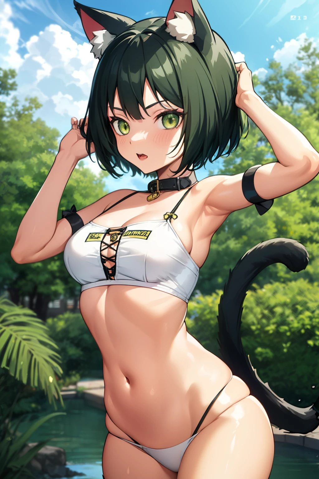 Cute girl, dark green hair, yellow eyes, short hair, cat ears - SeaArt AI