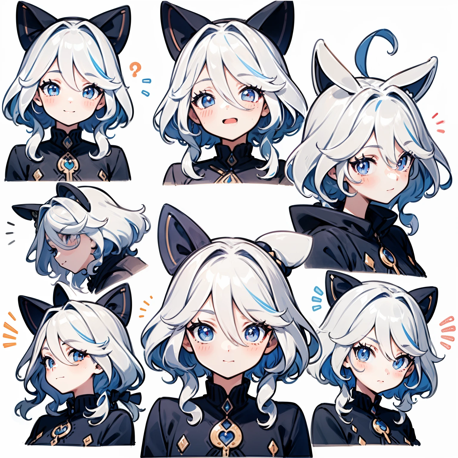 Cute little girl s，Emoticon pack，9 emojis，emoji sheet，Align arrangement，9 poses and expressions，Game-like，Game Character、GenshinImpact、character designs，9 different emotions，9 poses and expressions，8K、Transparent watercolor、Detailed picture、depth of fields、lively girl、The best smile