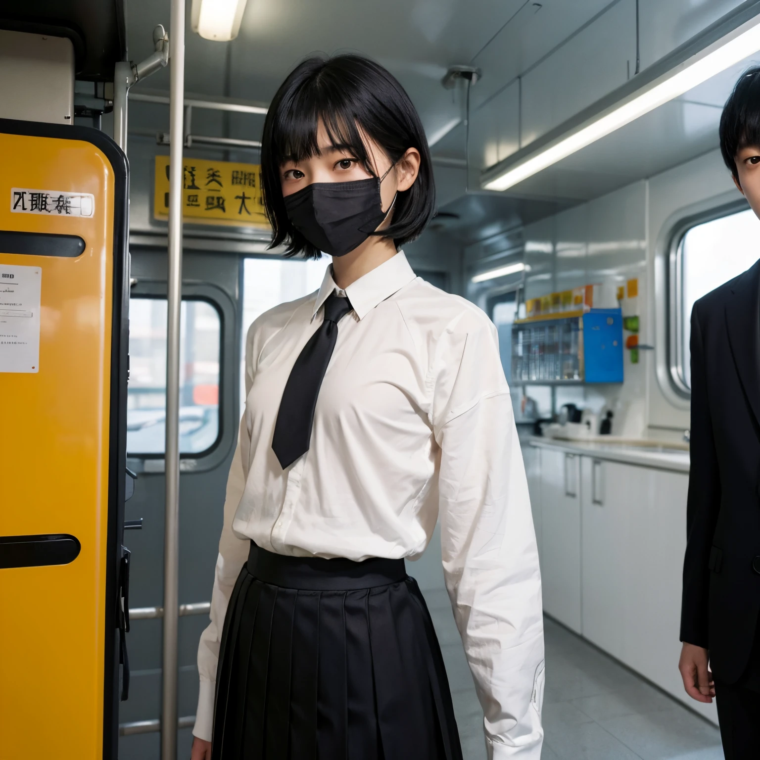 Japanese 1girl like boy , 15 years old looking at viewer, train, alpenglow, overcast, pale skin, petite, black hair, short hair, blunt bangs, expressionless, black eyes, black mouth mask , flat chest, small nipples, school uniform, white shirt, black sweater, red tie, gray skirt , standing,