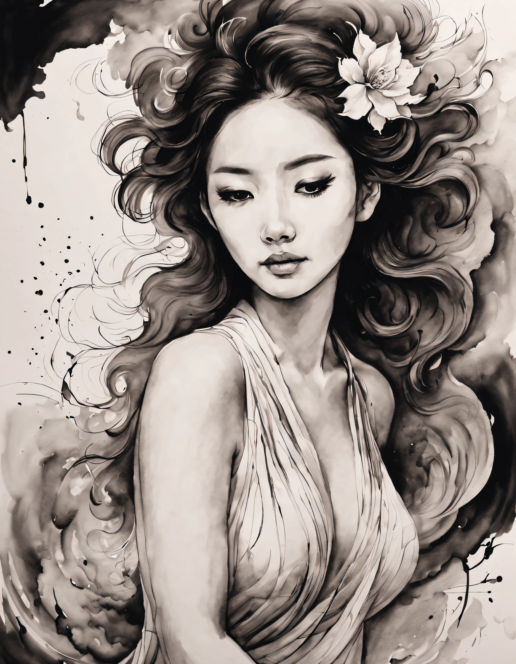 中国の伝統的な水墨ボディアートスタイル, (シンプルなラインで女性の優雅な姿を描きます），美しい背中， 起伏のある線, 太線と細い線, ,
線画, 白黒の絵画,キャラクターの描画,線画,叙情的な抽象化, 万年筆アート,ゲルペン,鉛筆アート,