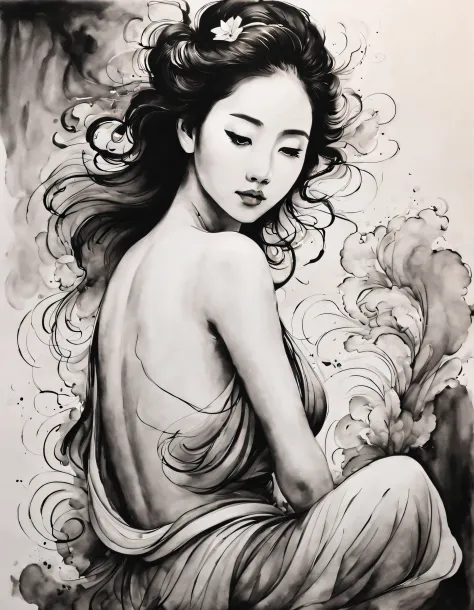 Chinese traditional ink body art style, (Use simple lines to outline a woman’s graceful figure），back, undulating lines, Thick and thin lines, (body art）, line art, Black and white painting,character drawing,line art,lyrical abstraction, Fountain Pen Art,Ge...