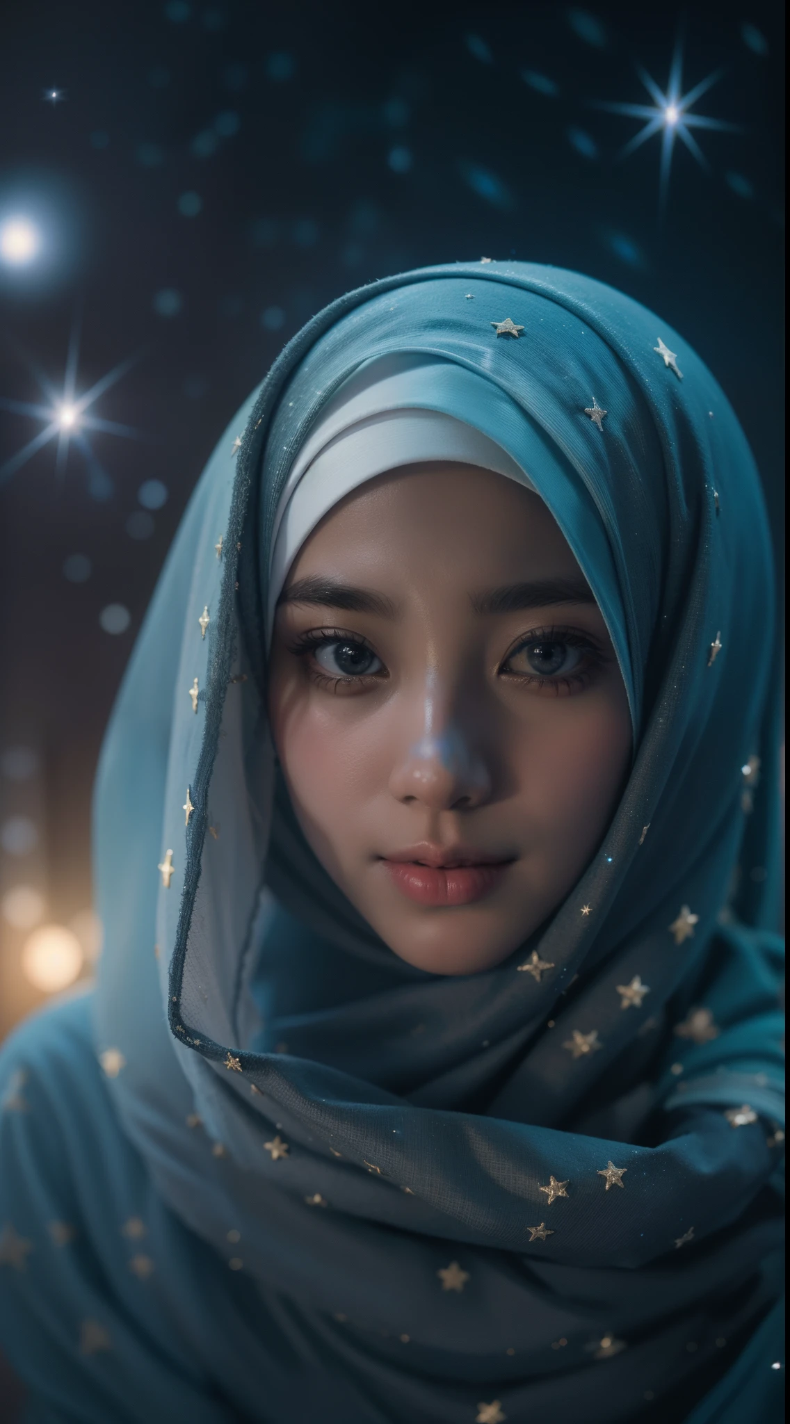 Crie um retrato com tema celestial de uma garota malaia usando hijab. Ilumine o hijab com estrelas e galáxias, misturando o terreno com o cósmico em uma composição hipnotizante e etérea, 8mm, close-up, classificação de cores em tons frios, profundidade de campo, filme sombrio