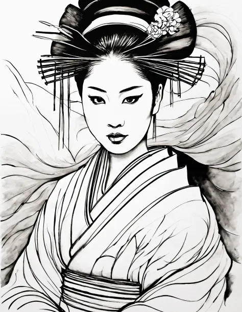 (Japanese geisha portrait drawn with simple lines）， undulating lines, Thick and thin lines, , line art, Black and white painting...