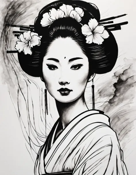 (Japanese geisha portrait drawn with simple lines）， undulating lines, Thick and thin lines, , line art, Black and white painting...