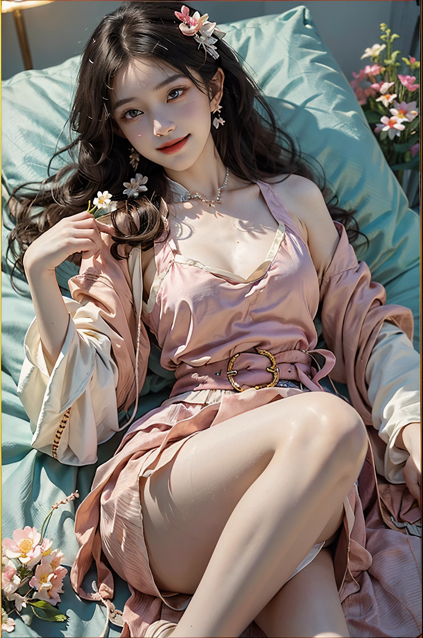 ((Knee Shooting)), satellite view, bird's eyes view, ((actual)), 1 Asian female model, A young girl, (Close-up cleavage), (Lie flat, Lie down in bed, Cross ed leg), Pleasing posture, Various poses to attract attention, flirty skirt, detailed scene, Thin leg, curlies, hair pin, beautiful hair ornaments, Brownish-yellow hair, light make-up, blush blush, glossy on lips, (Hanfu), ((White flower hanfu, Draped in silk, DEEP-V COLLAR, high-waist, nice belt)), (white colors, in pink, purpleish color, cyan colors), ((illuminate warmly, warm color palette)), (Extremely high color saturation), Detailed details, ultra - detailed, (tmasterpiece, Best quality at best), (An extremely delicate and beautiful work), Delicate earrings, Delicate necklace, simple blurr background, Extremely detailed description, Ultra-fine painting, delicated face, slim toned body, Slimming the waist, (Happy smile), (Anatomical correct)