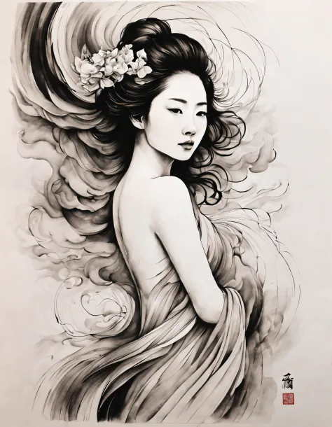 Chinese traditional ink body art style, (Use simple lines to outline a woman’s graceful figure），standing back, undulating lines,...