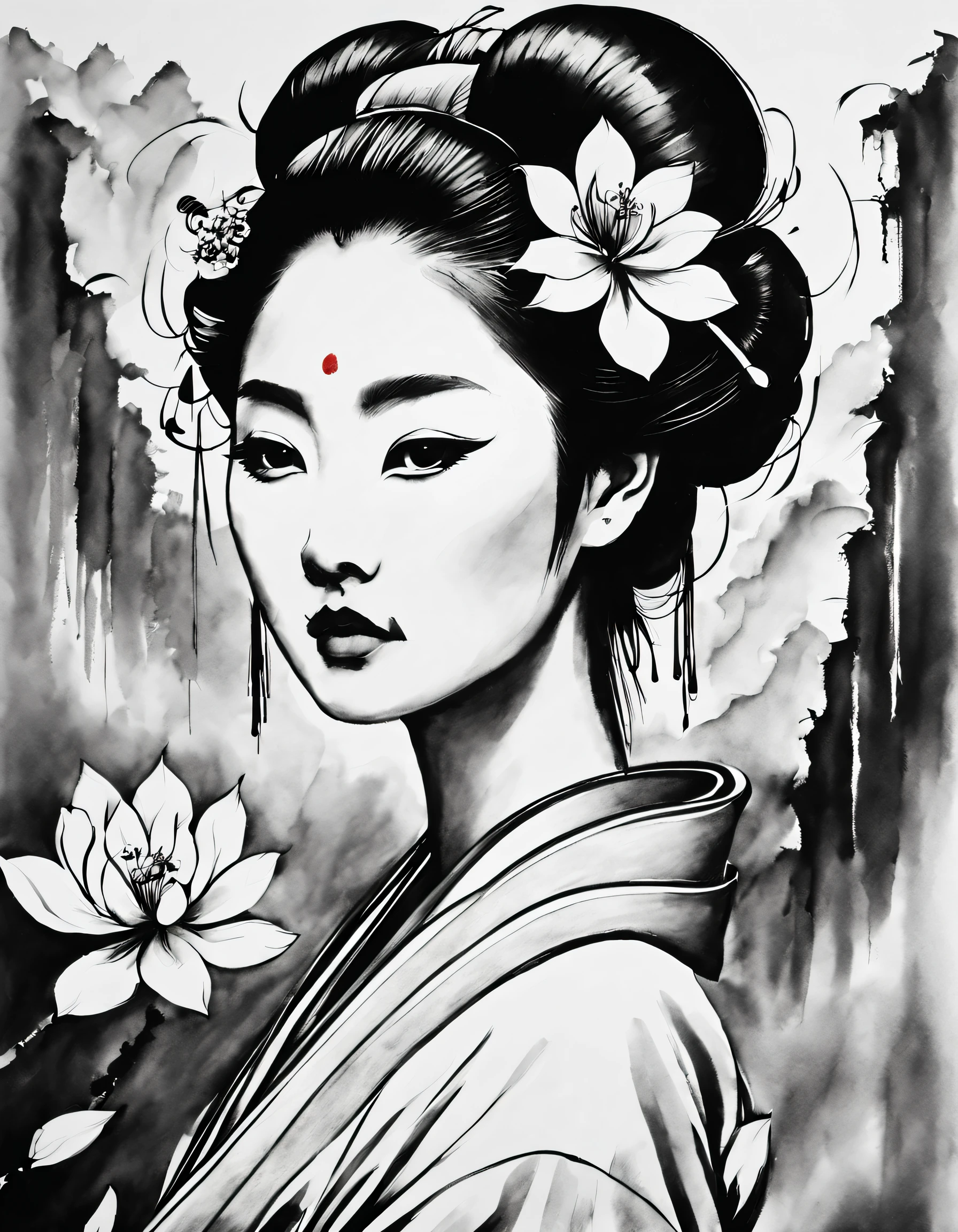 Chinese traditional ink body art style, (Japanese geisha portrait drawn with simple lines）， undulating lines, Thick and thin lines, ,
line art, Black and white painting,character drawing,line art,lyrical abstraction, Fountain Pen Art,Gel Pen,crayon art,