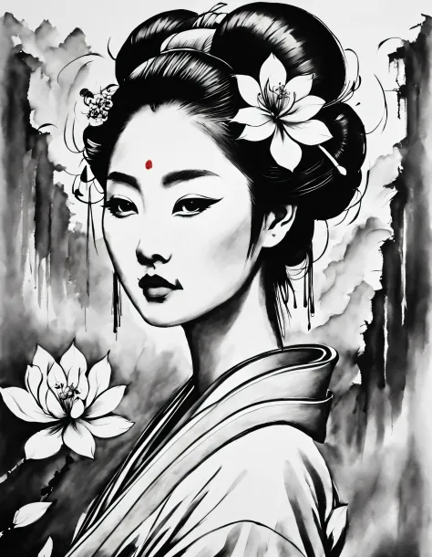 Chinese traditional ink body art style, (Japanese geisha portrait drawn with simple lines）， undulating lines, Thick and thin lin...