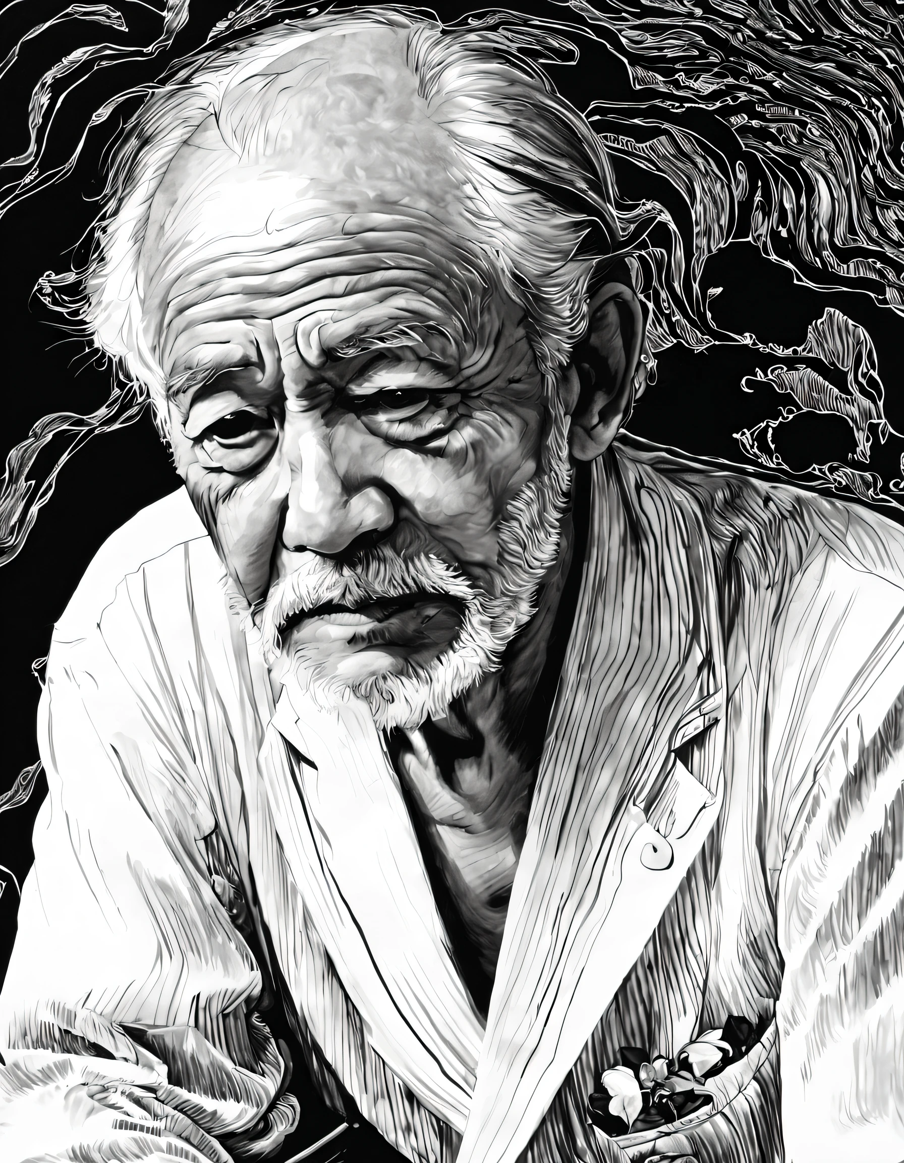 （Grandpa portrait closeup) ，simple black and white painting，，undulating lines, Thick and thin lines, line art, Black and white painting, line art,lyrical abstraction, Fountain Pen Art,Gel Pen,crayon art,lamplight，handpainted，beautiful line art, black and white manga style,  comic artstyle, pencil and ink manga, Black and white coloring its beautiful ink line art，