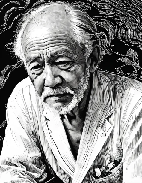 （Grandpa portrait closeup) ，simple black and white painting，，undulating lines, Thick and thin lines, line art, Black and white p...