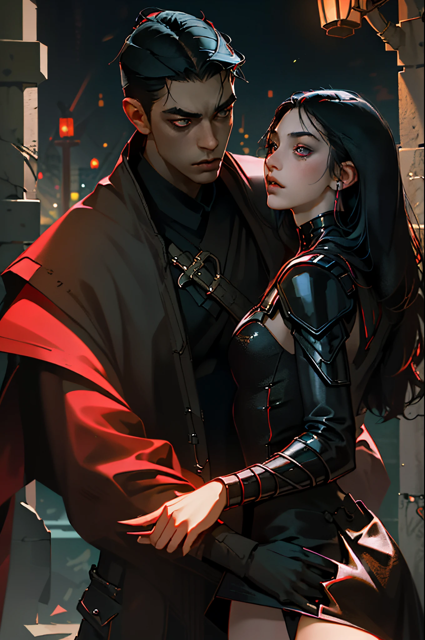 (Best Quality, Masterpiece) man and girl kissing, couple kissing,  (The details are great), the night, a boy and a girl, Young, sharp facial features,  black  hair, Beautiful, detailed faces, 4k, Black Cyberpunk Clothing, light skin, gloomily, dark alley, 詳細な目, passion, Red lanterns