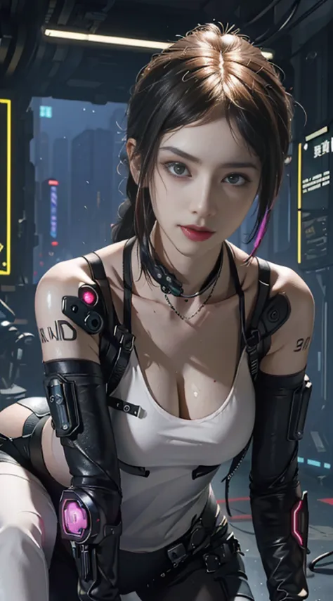 Best Quality)), ((Masterpiece)), (Very Detailed:1.3), 3D, Beautiful (Cyberpunk:1.3)), 1 girl, full body, ponytail white hairstyl...