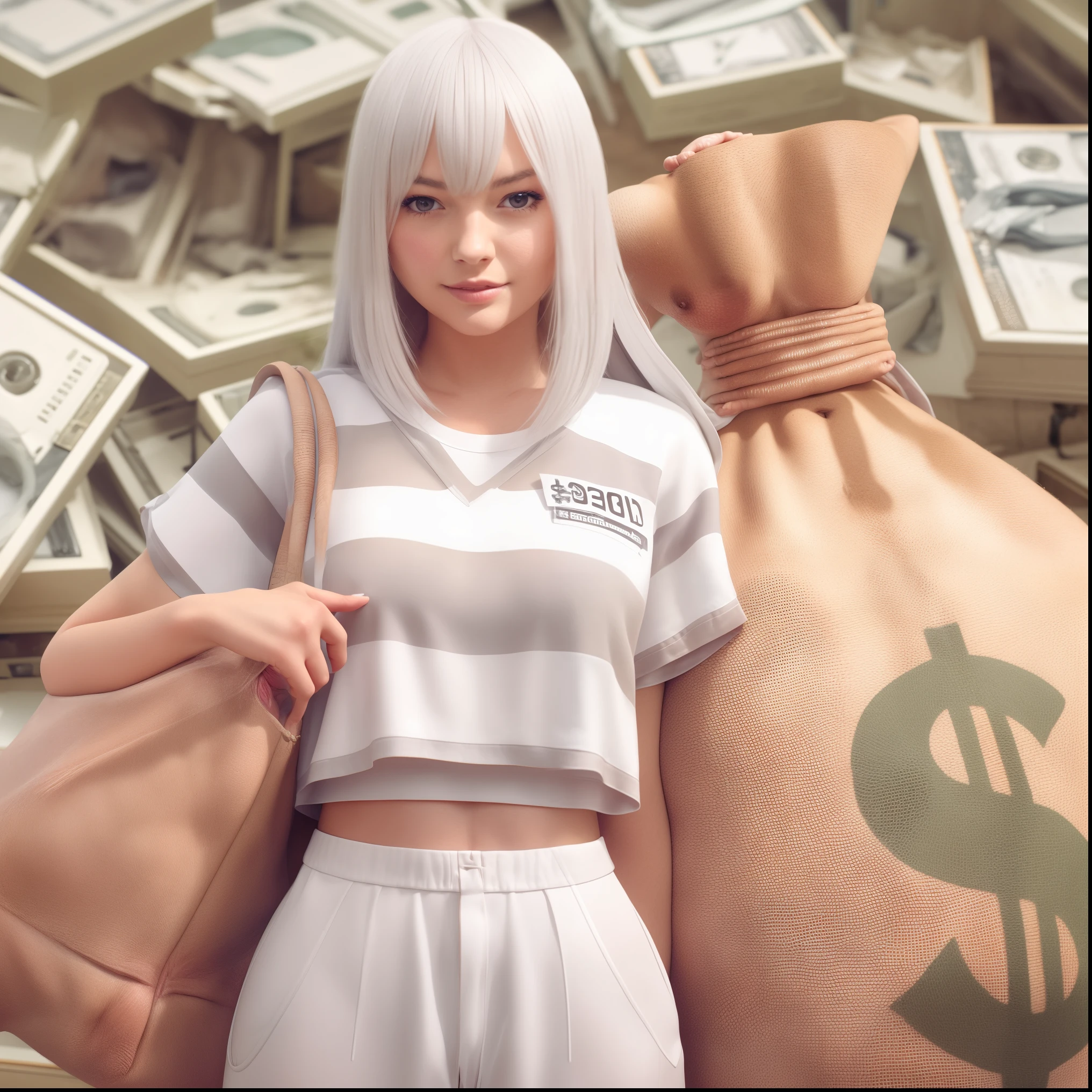 Arafed woman in a white shirt and white skirt holding a bag of money -  SeaArt AI