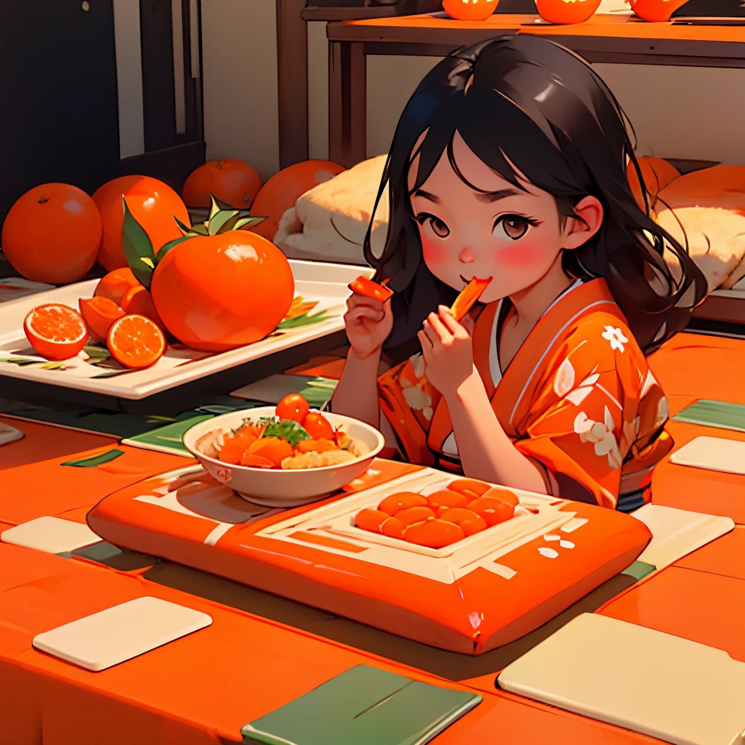 fotoRealstic、Eventos tradicionais do Ano Novo Japonês、Kotatsu e tangerinas、menina comendo laranja