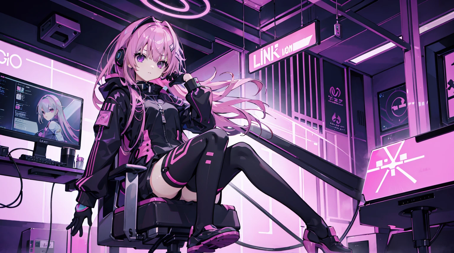 one-girl，Independent，Pink medium long straight hair，Pink-purple eyes，cyber punk personage, , Digital punk, Anime style 4k, Short-sleeved game suit,Pink Long Hair, computer room, gaming headphone，black pantyhoses，sitting on gaming chair，mitsukasa ayae