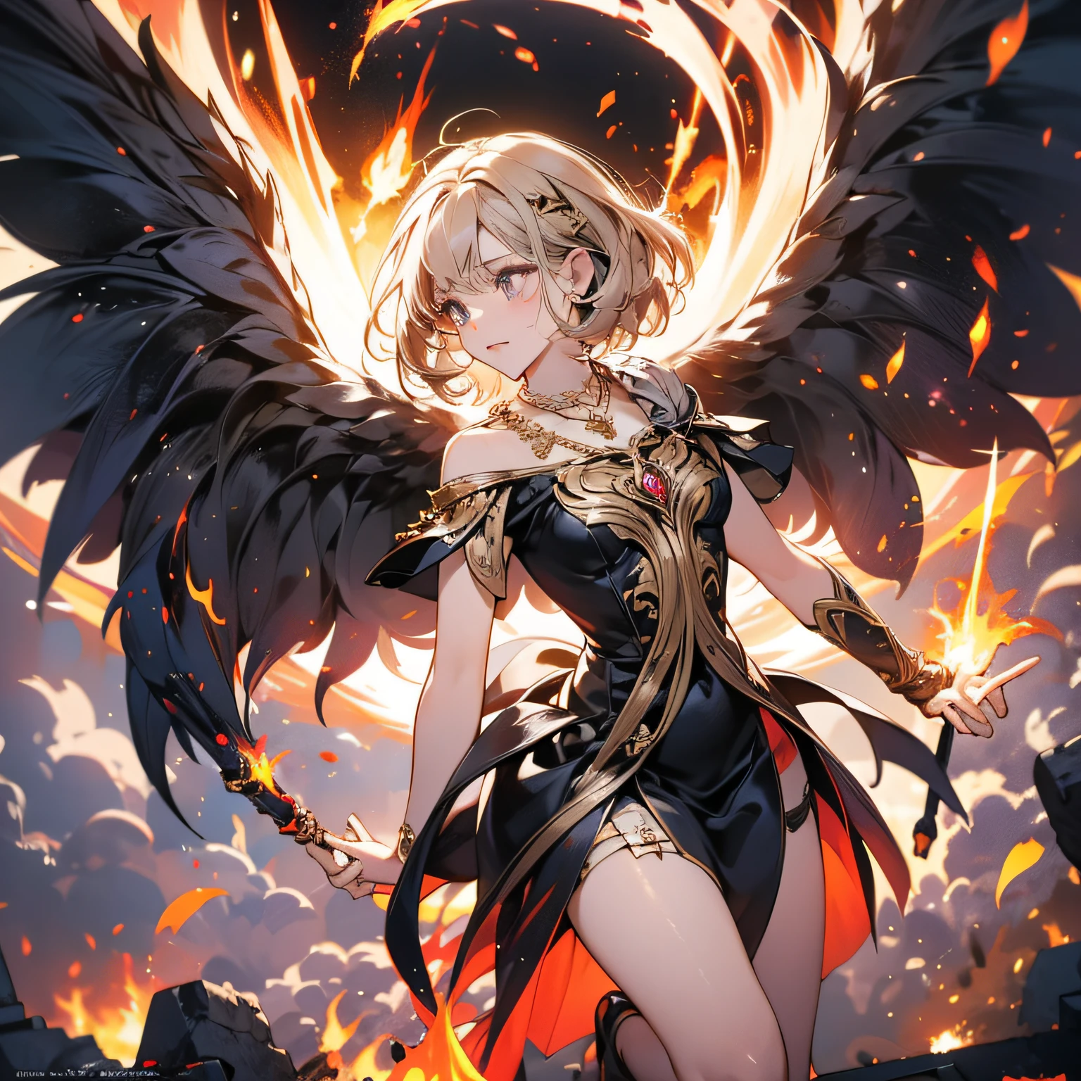 low angle, flying seraph, Six long wings on each side grow on her back, cane, ancient ruins, impact, movement, flame, necklace on fire, battle field,